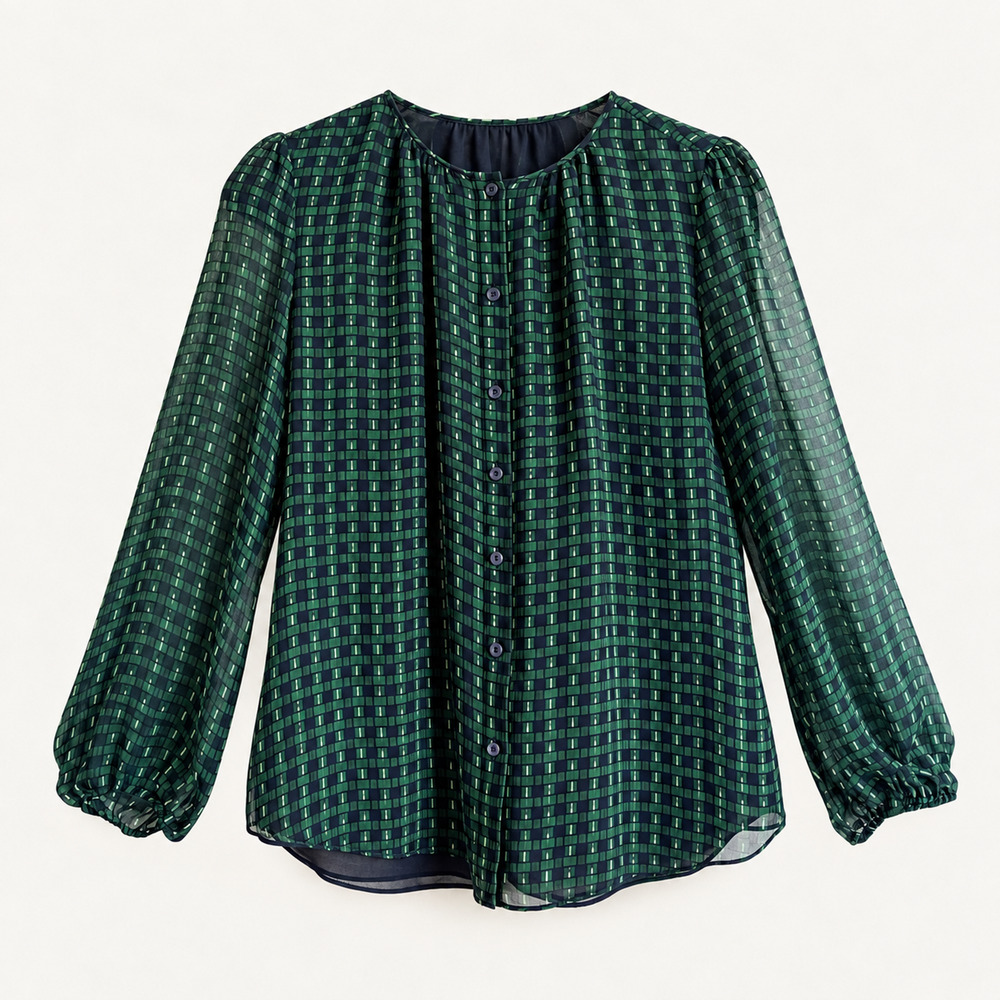 Diane von Furstenberg DVF Green Navy Geometric 100% Silk Blouse Size 2